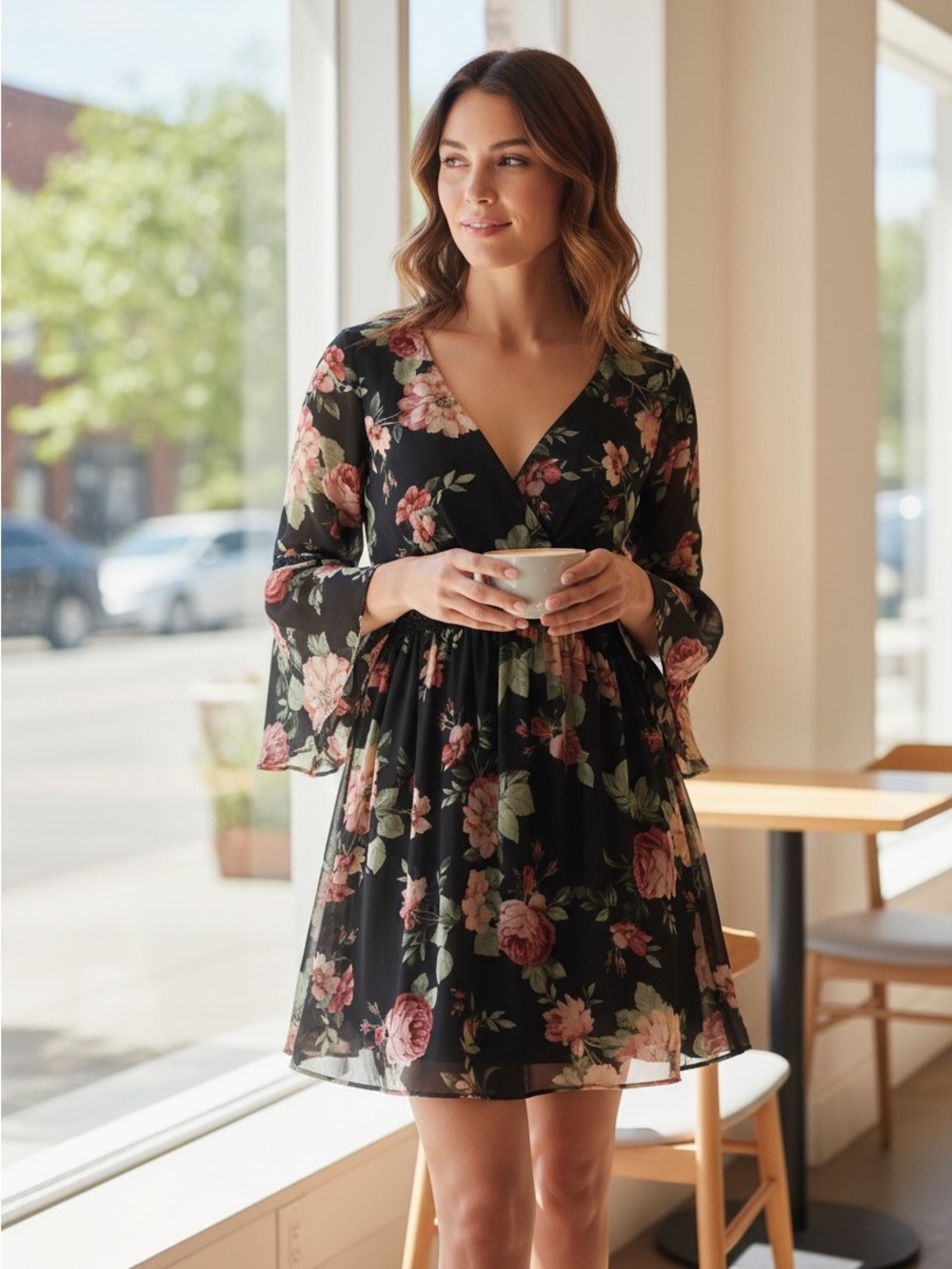 A. Byer Black Pink Floral Chiffon Bell Sleeve Mini Dress Size 5 / Small